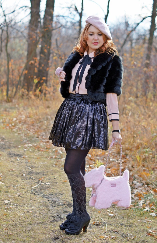 Winnipeg fashion blog, Canadian fashion blog, Laura black cropped faux fur jacket, Forever 21 peach pink black french bow tie collar blouse, Pretty Polly black silver sparkle faux argyle socks, Forever 21 black sequin shirt circle skirt, pink wool Ardene beret, Icing tulle pink flower ring, Kenneth Jay Lane velvet cystal heart watch, Chie Mihara bow Atame platform leather heels